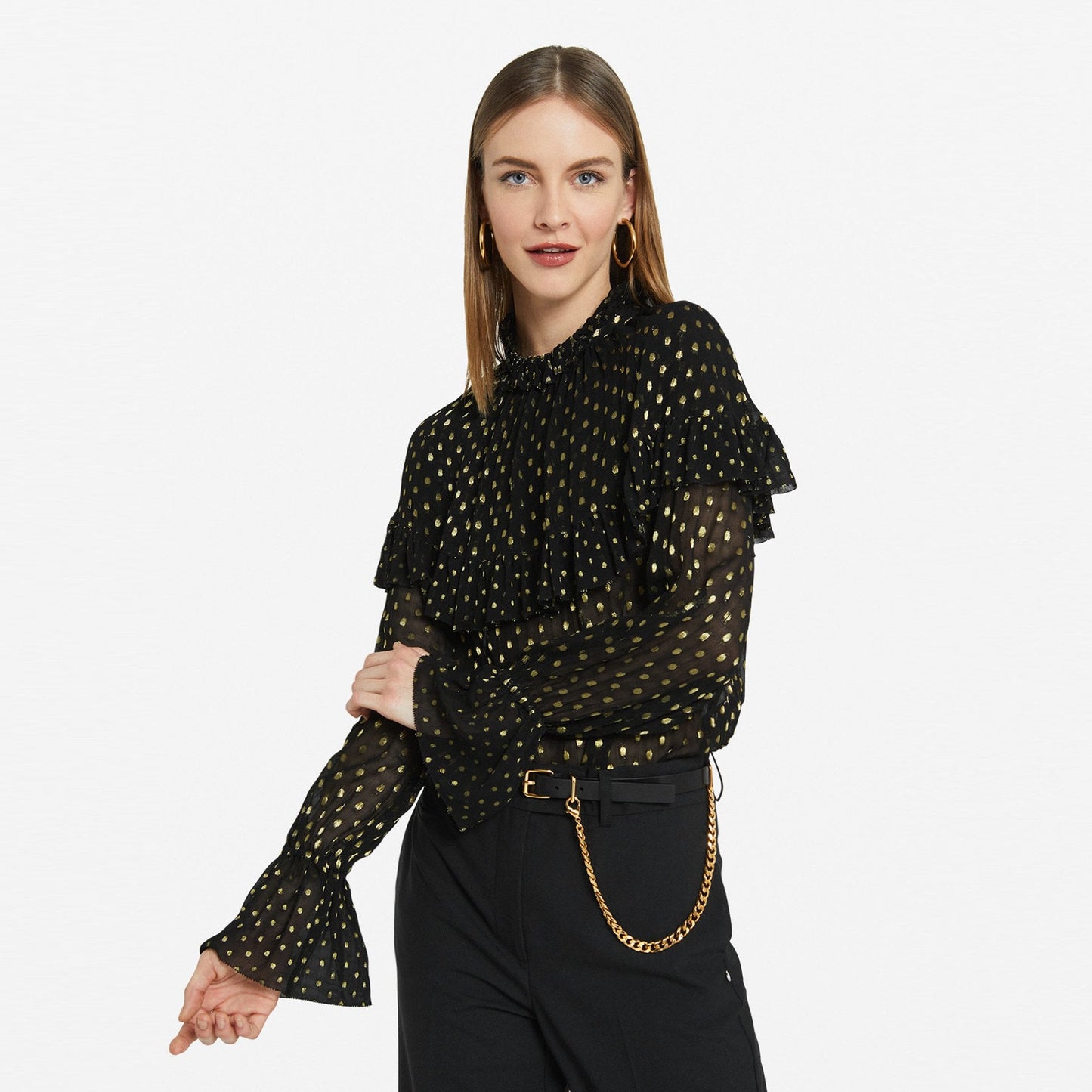 - Ruffled Lurex Spots Blouse - Black