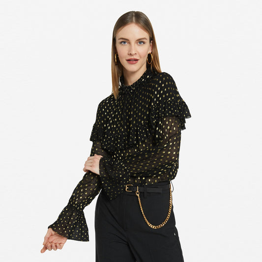 - Ruffled Lurex Spots Blouse - Black