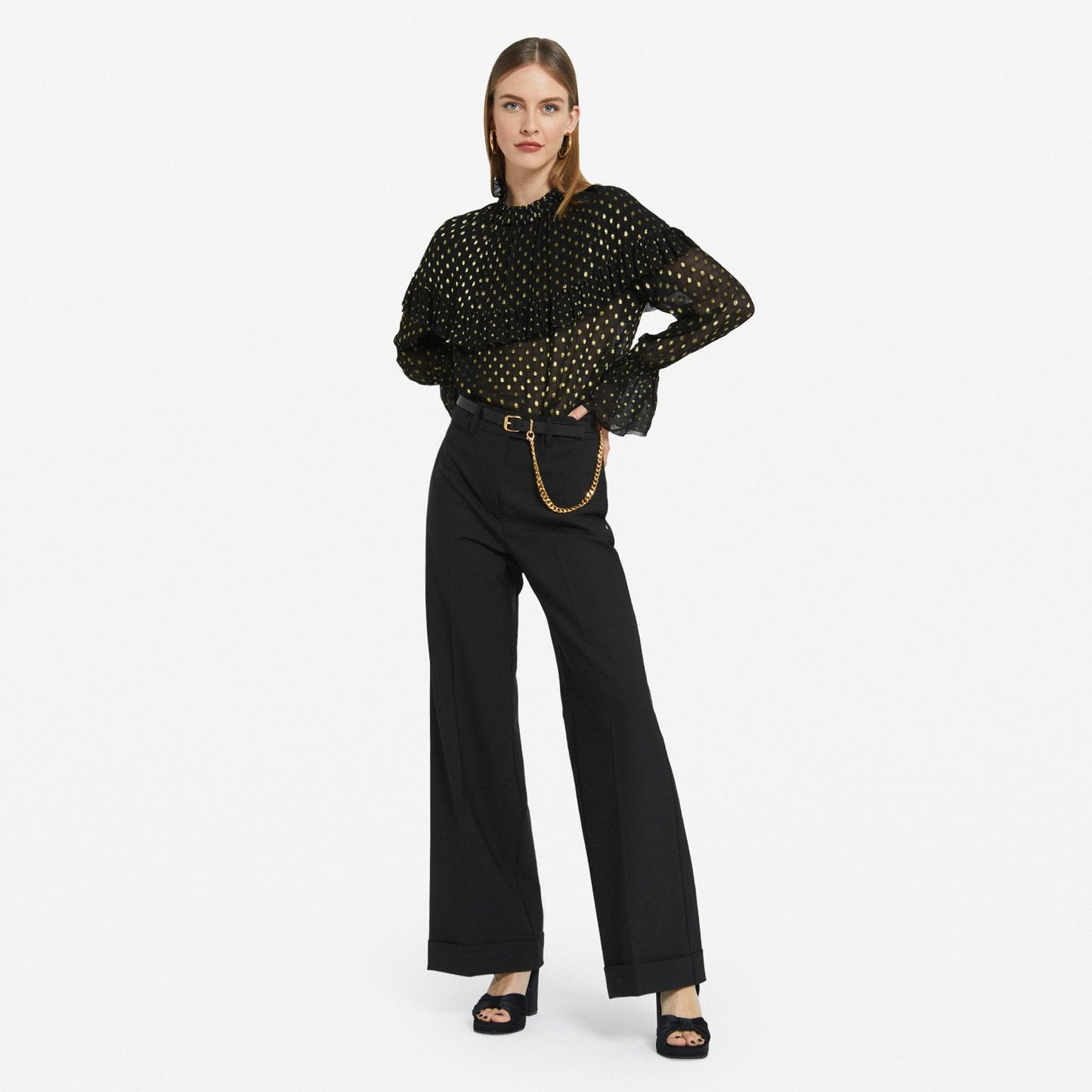 - Ruffled Lurex Spots Blouse - Black