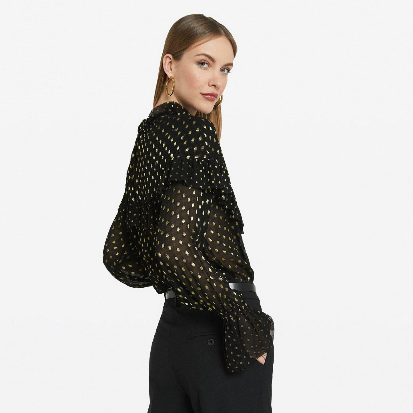 - Ruffled Lurex Spots Blouse - Black