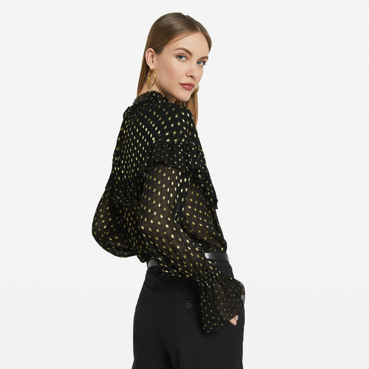 - Ruffled Lurex Spots Blouse - Black