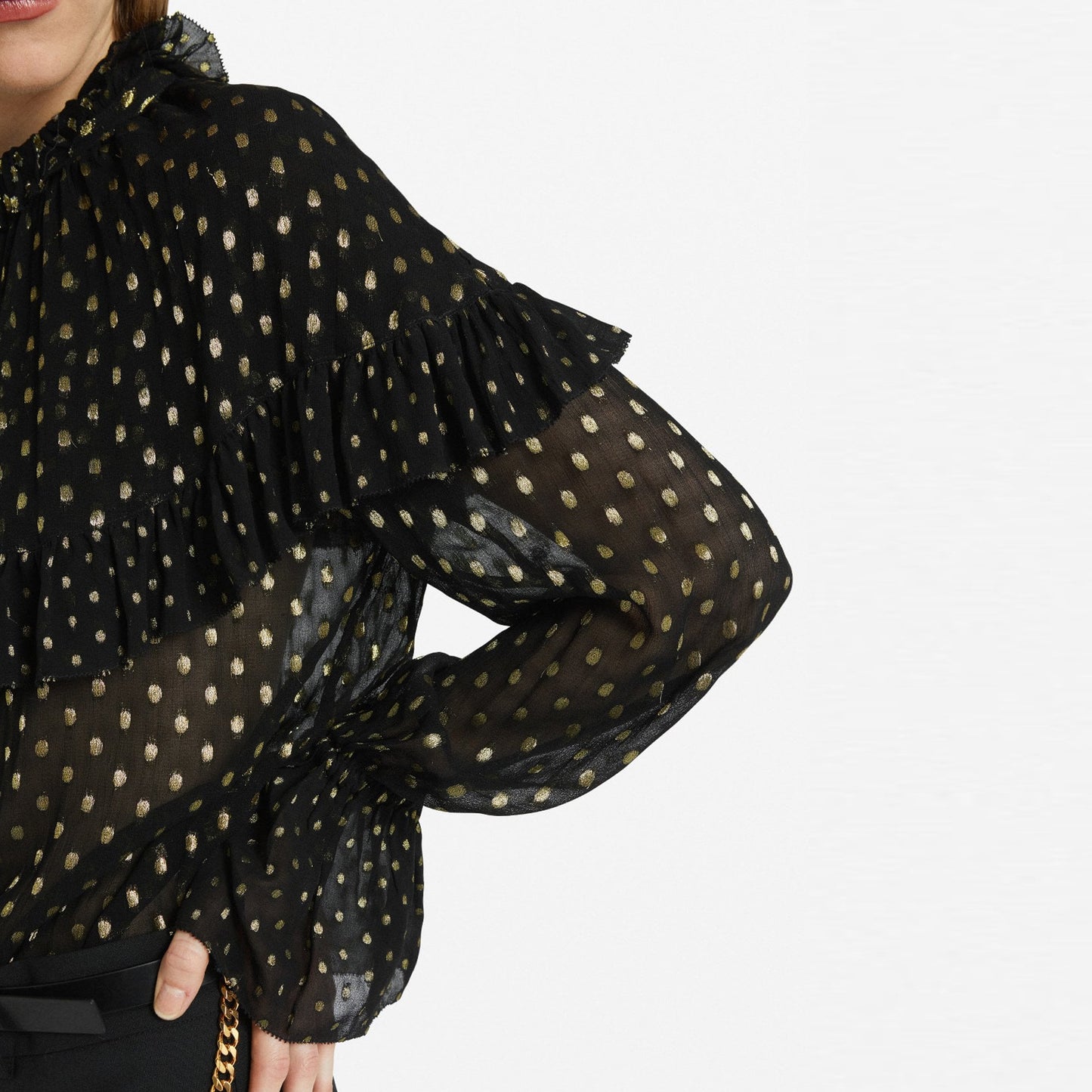 - Ruffled Lurex Spots Blouse - Black