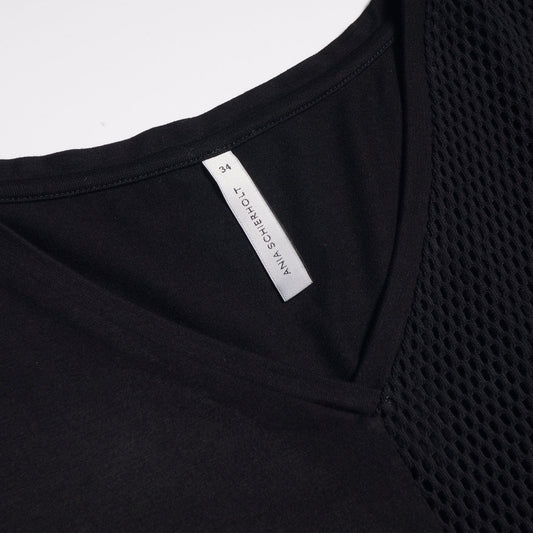 - Mesh Detail Long Sleeve Top - Black