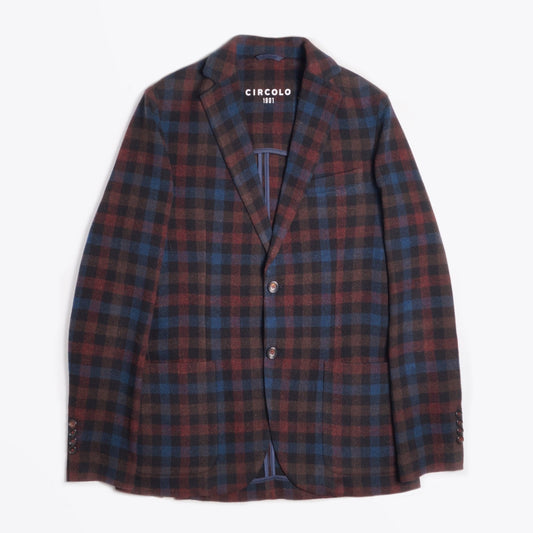 - Checked Wool Blazer - Navy/Burgundy