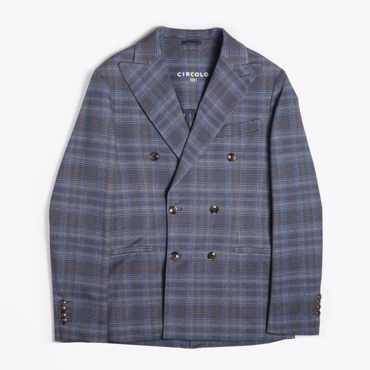 - Double-Breasted Checked Jacket - Blue
