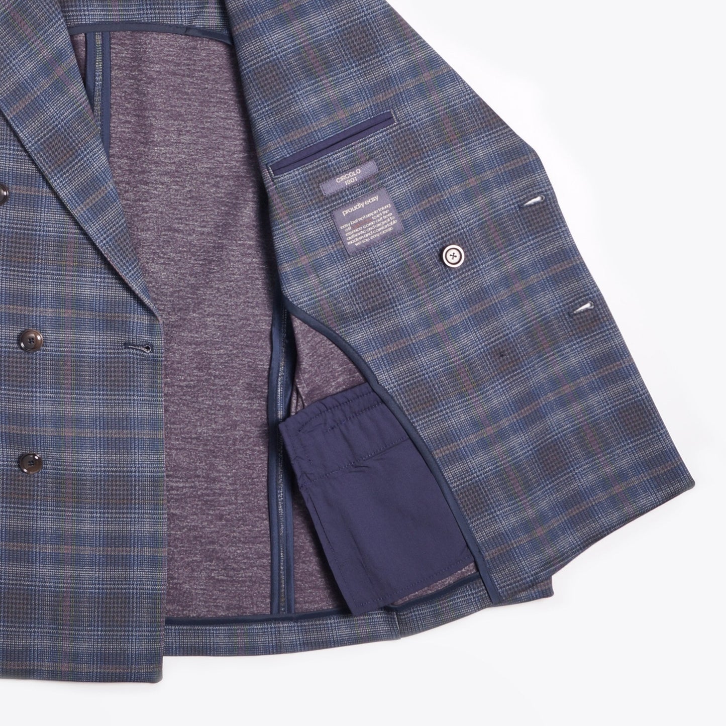 - Double-Breasted Checked Jacket - Blue