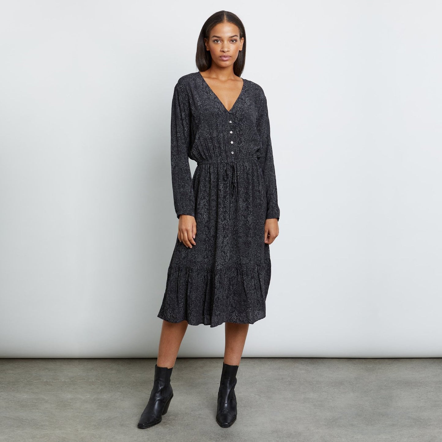 Marion - Midi Snake Print Dress - Charcoal Grey