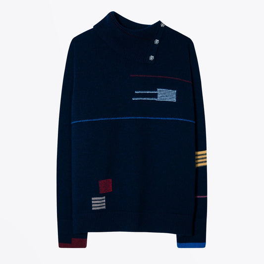 - Button-Neck Knitted Sweater - Dark Navy