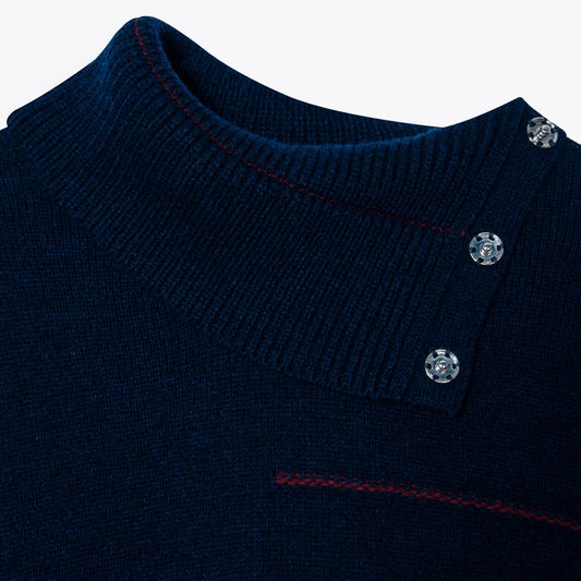 - Button-Neck Knitted Sweater - Dark Navy