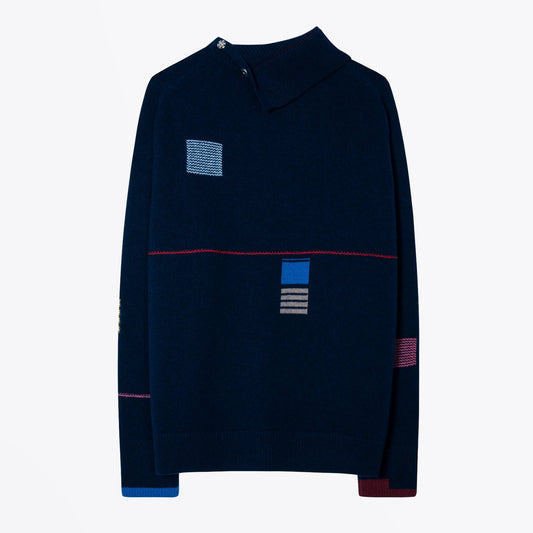 - Button-Neck Knitted Sweater - Dark Navy