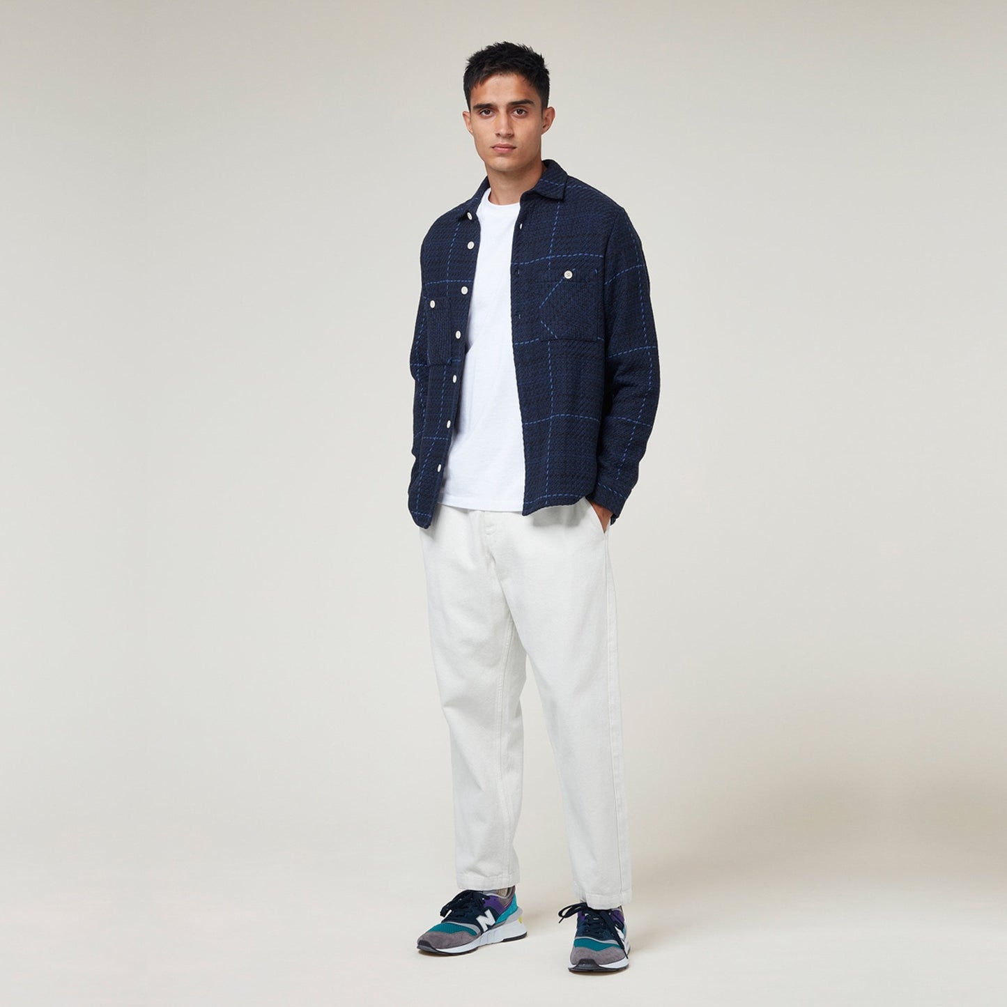 - Windowpane Twill Overshirt - Navy Blue