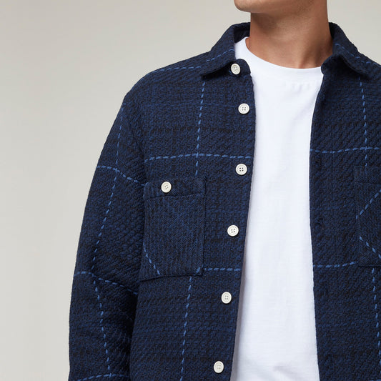- Windowpane Twill Overshirt - Navy Blue