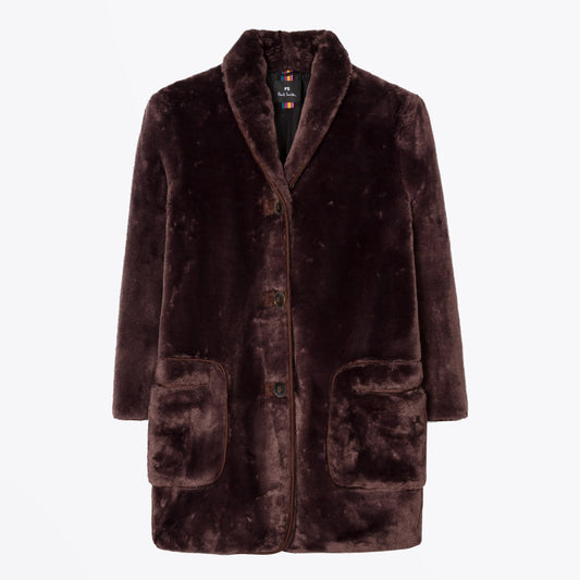 - Faux Fur Shawl Collar Coat - Brown