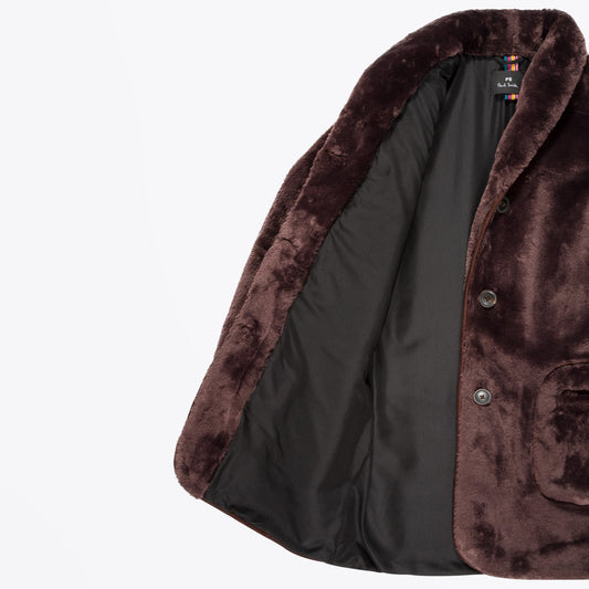 - Faux Fur Shawl Collar Coat - Brown