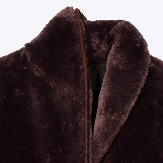 - Faux Fur Shawl Collar Coat - Brown