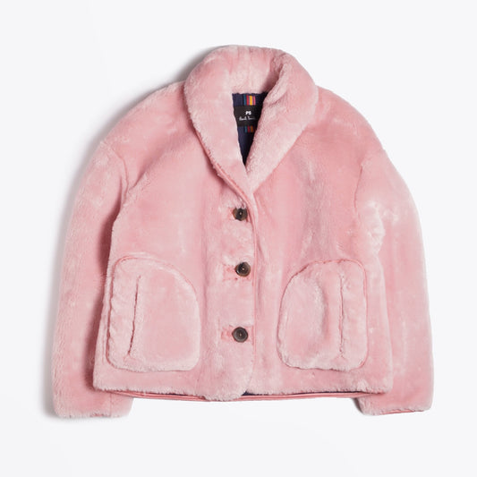 - Faux Fur Cropped Shawl Collar Jacket - Pink