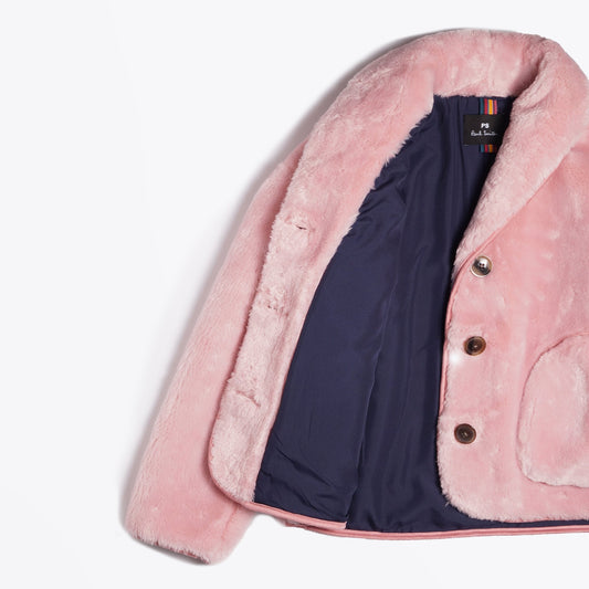 - Faux Fur Cropped Shawl Collar Jacket - Pink