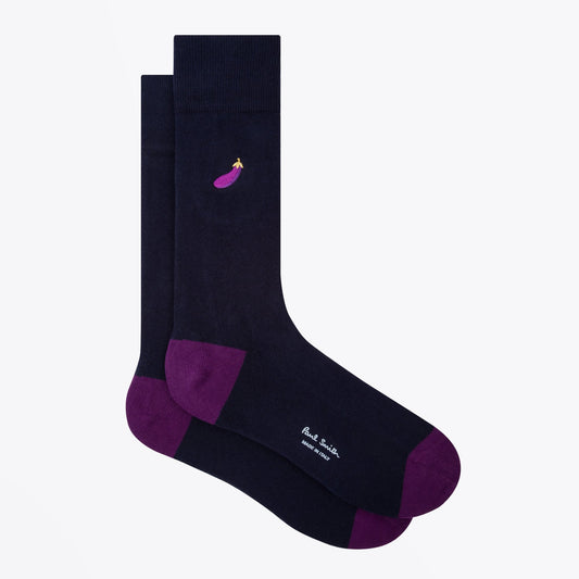 - Embroidered 'Aubergine" Socks - Navy