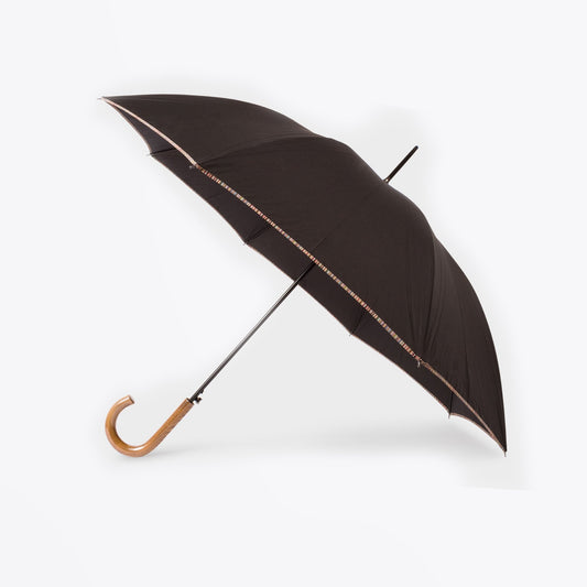 - Signature Stripe Border Walker Umbrella With Wooden Handle - Black