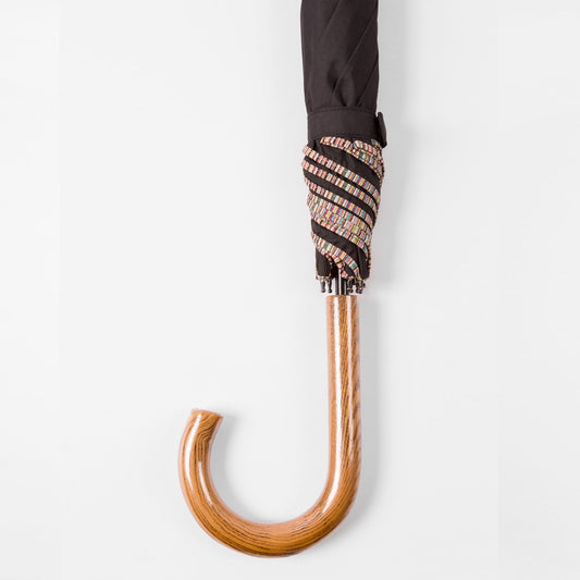 - Signature Stripe Border Walker Umbrella With Wooden Handle - Black