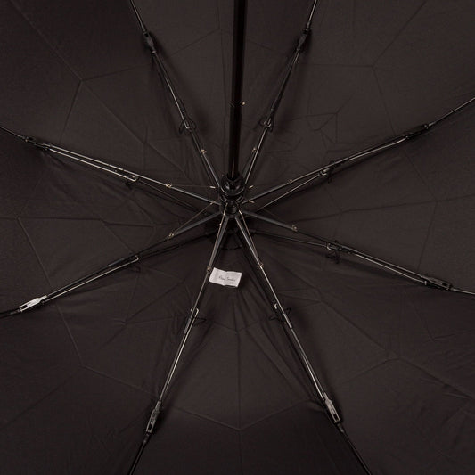 - Signature Stripe Border Compact Umbrella With Crook Wooden Handle - Black