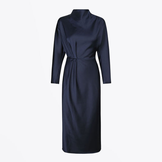 - Damai - High-Neck Draped Dress - Navy