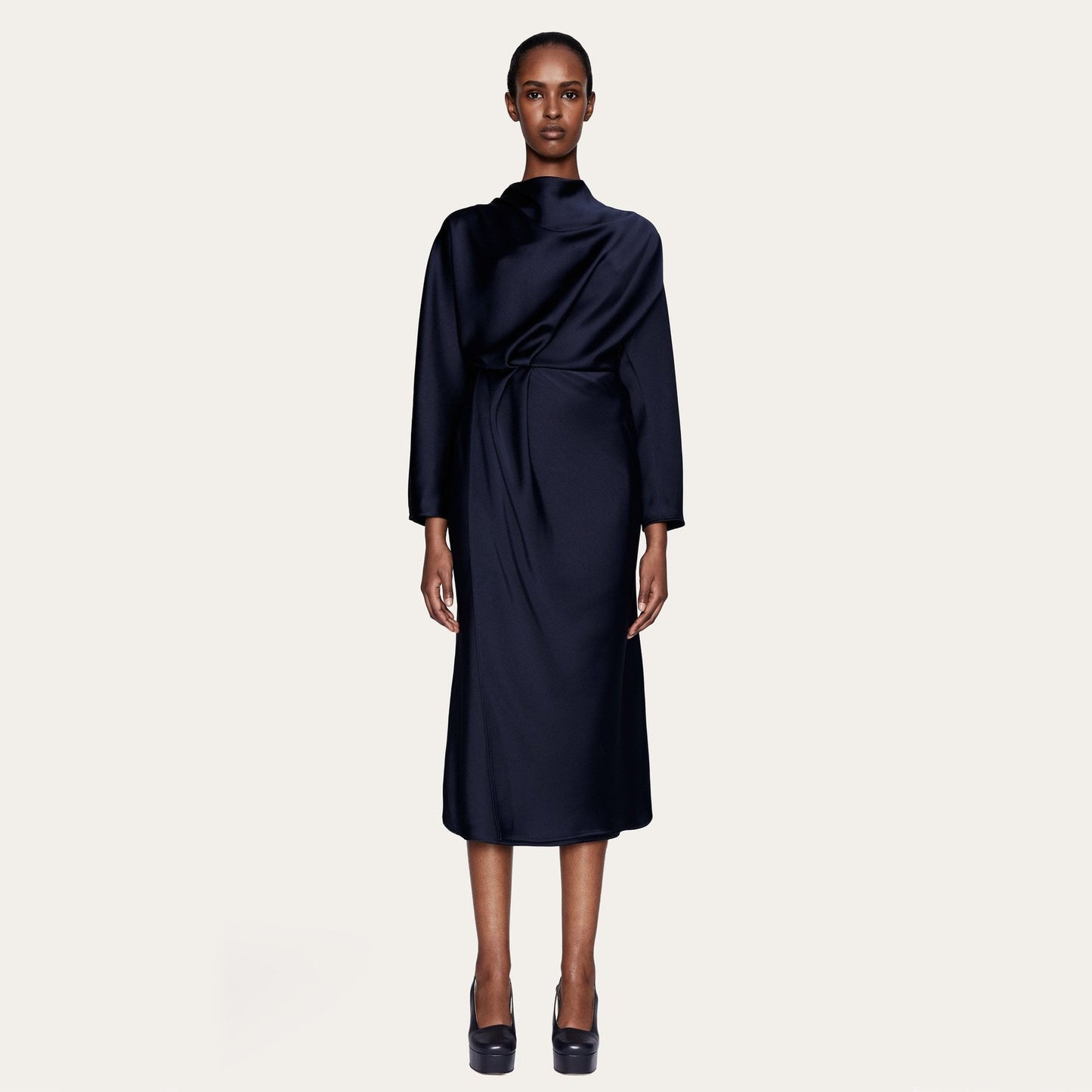 - Damai - High-Neck Draped Dress - Navy