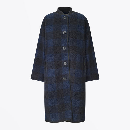 - Beth - Fleece Gingham Coat - Black/Blue