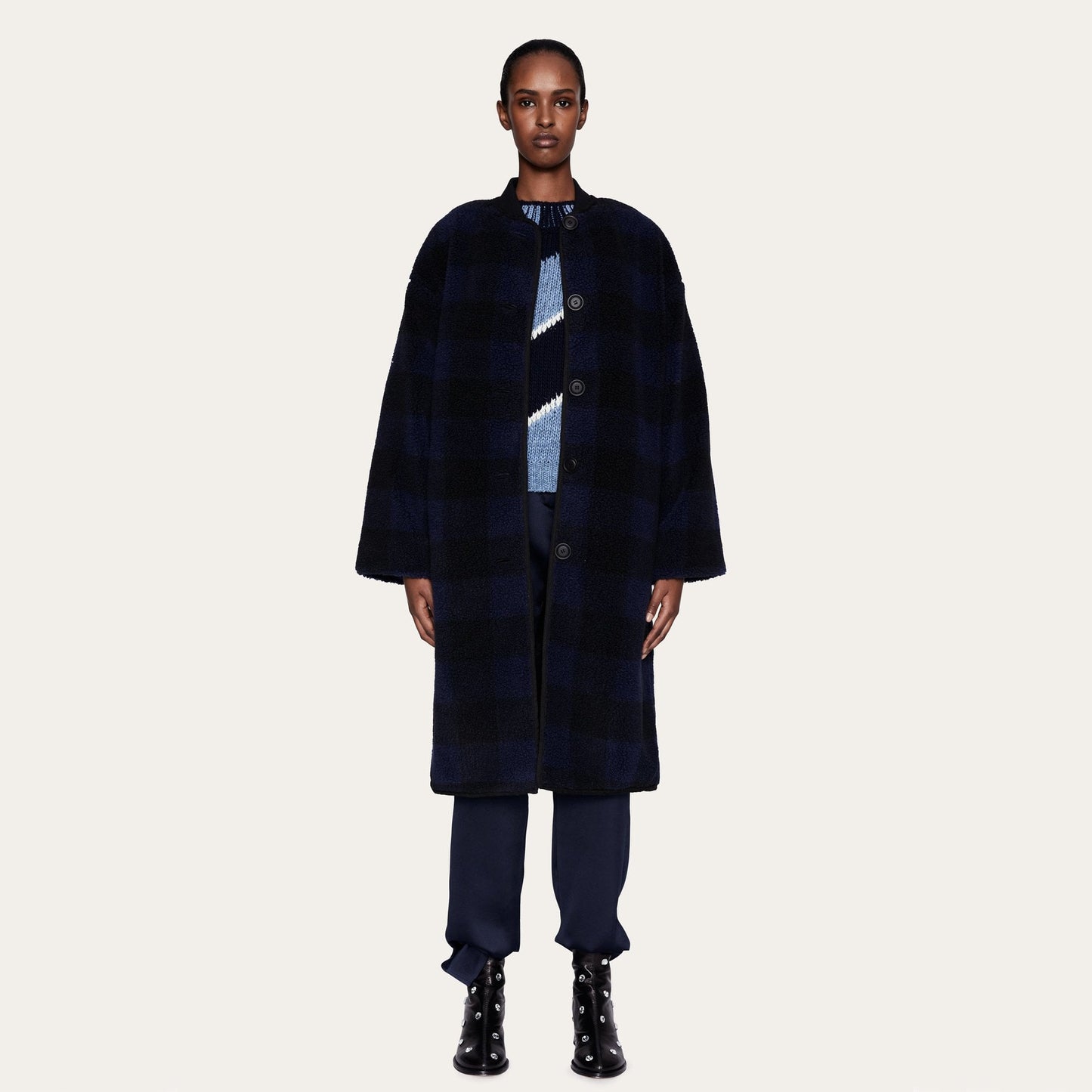 - Beth - Fleece Gingham Coat - Black/Blue