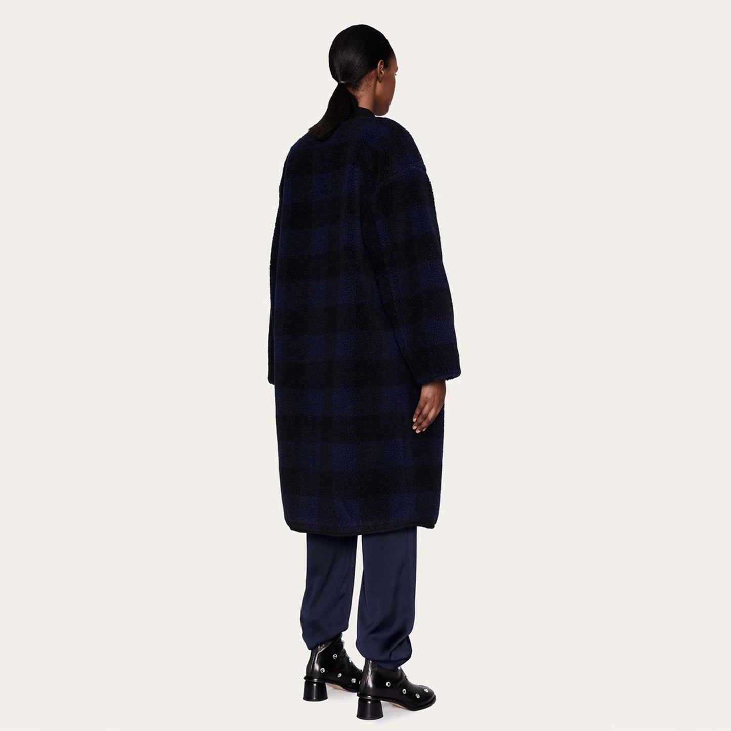 - Beth - Fleece Gingham Coat - Black/Blue