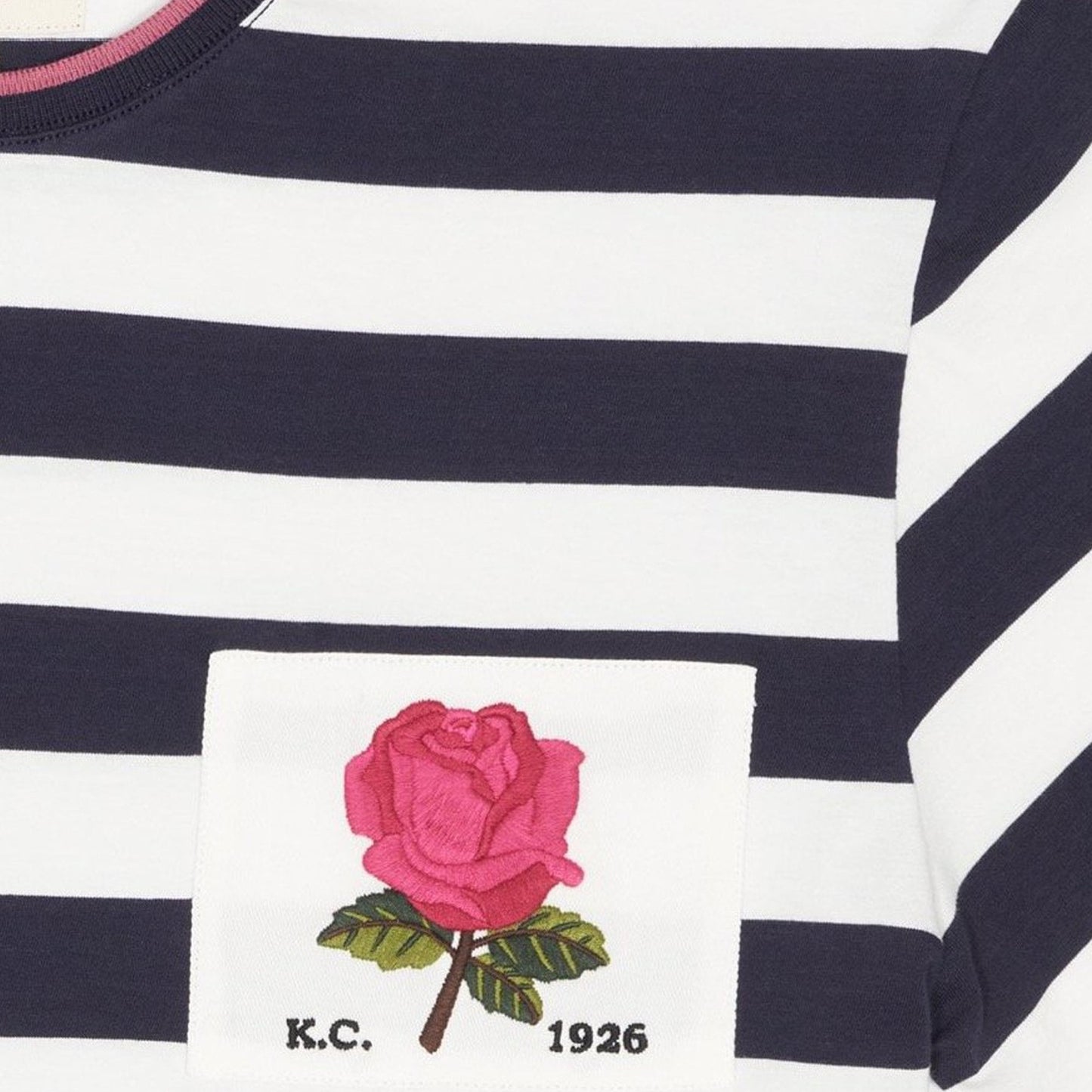 - Rose Embroidered Stripe T-Shirt - Navy/White