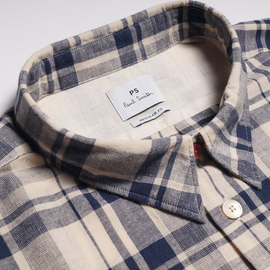- Cotton-Linen Blend Check Shirt - Navy/Beige
