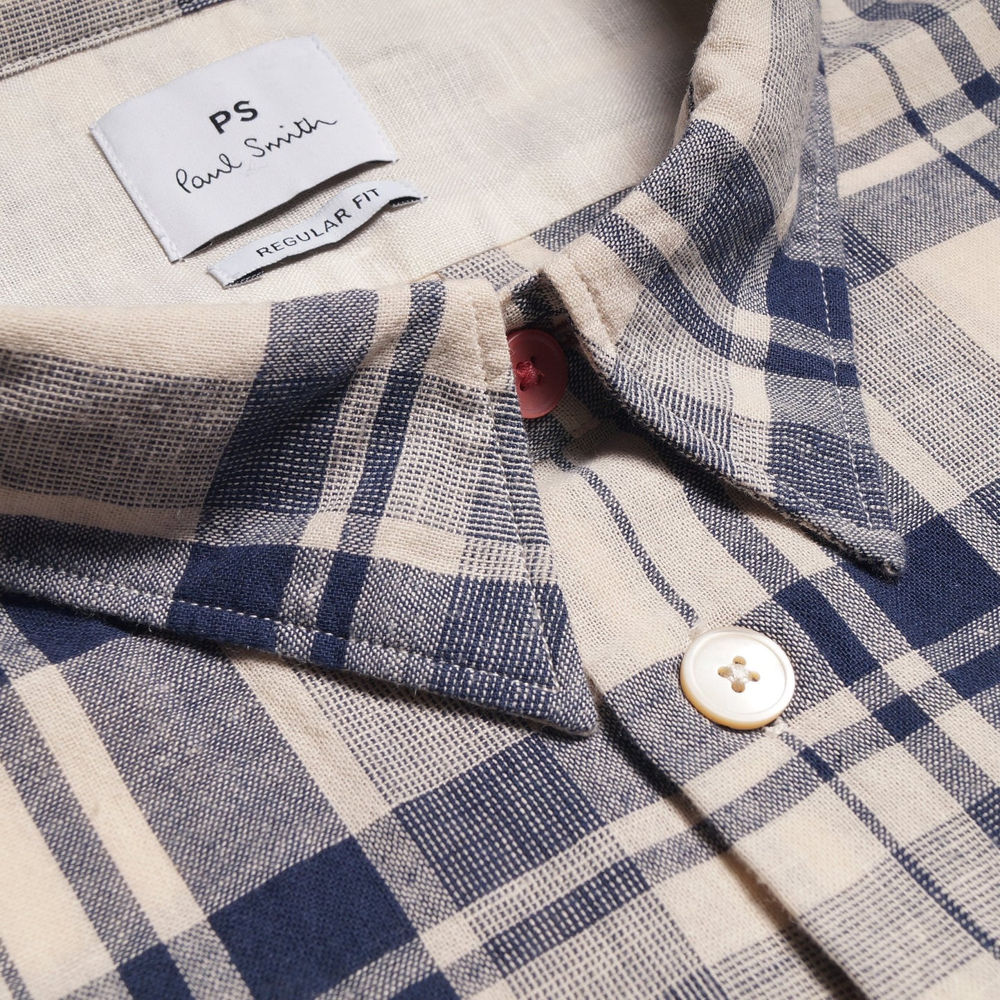 - Cotton-Linen Blend Check Shirt - Navy/Beige