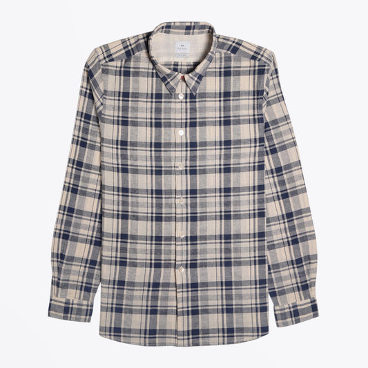 - Cotton-Linen Blend Check Shirt - Navy/Beige