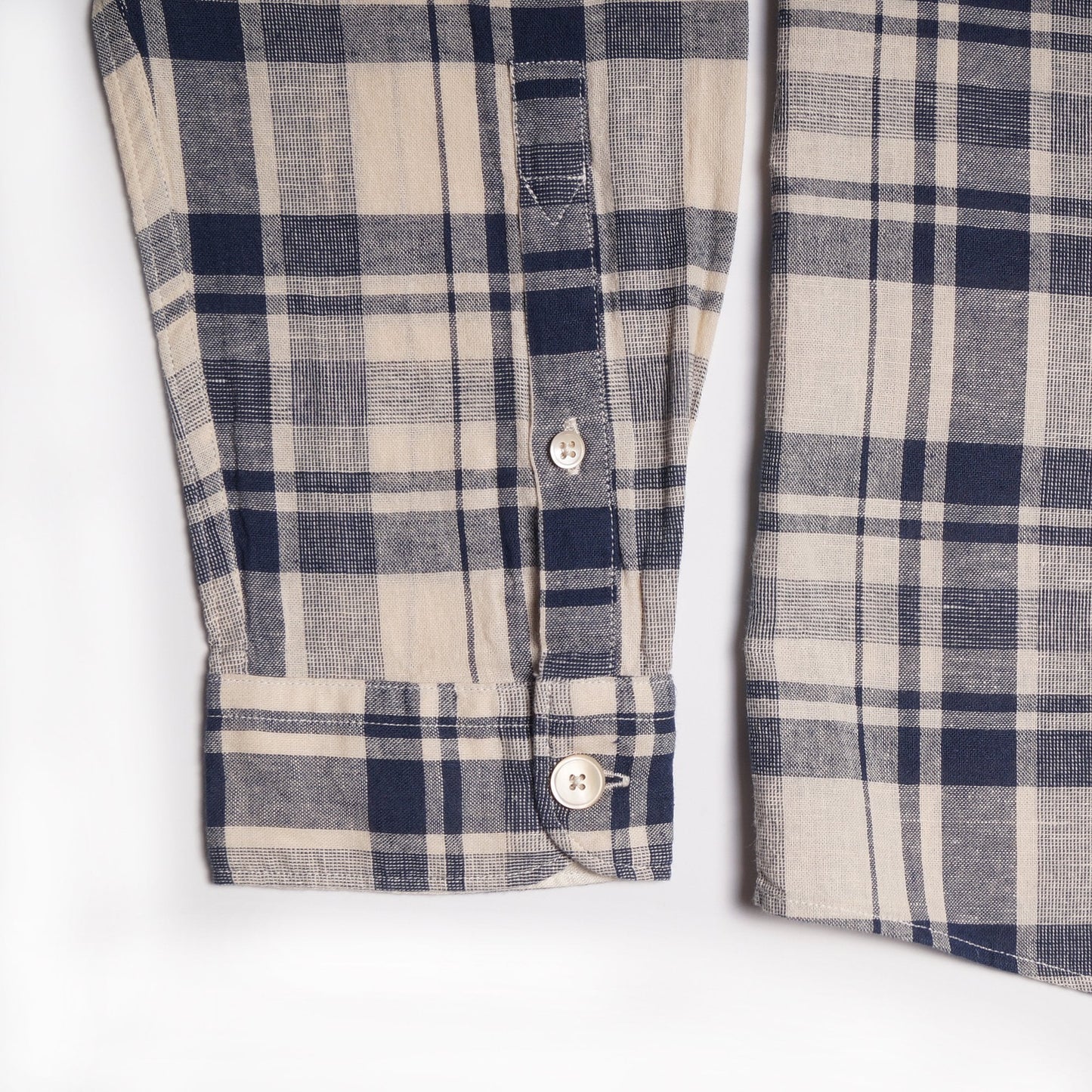 - Cotton-Linen Blend Check Shirt - Navy/Beige