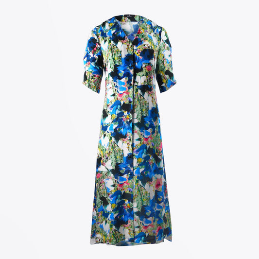 - Abstract Floral Print Midi Tea Dress - Blue/Multi