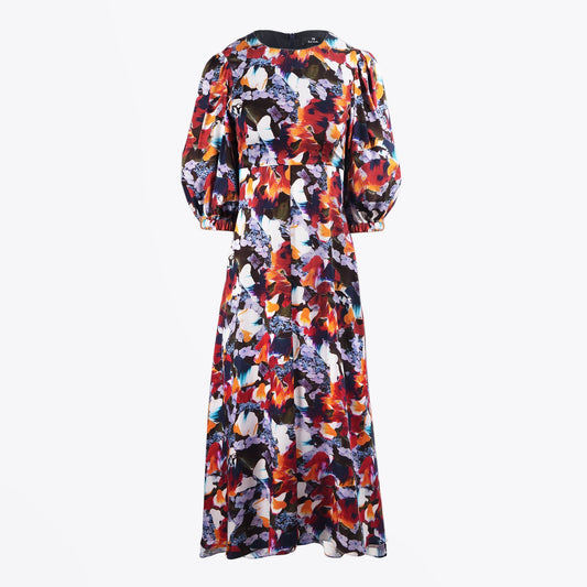- Abstract Floral Print Midi Dress - Red/Multi