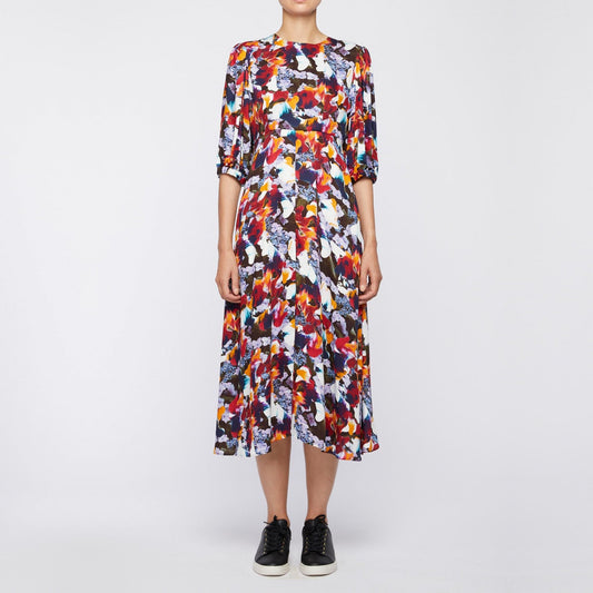 - Abstract Floral Print Midi Dress - Red/Multi