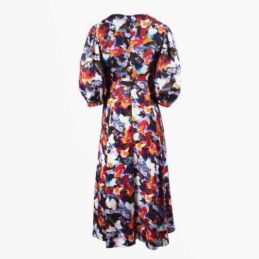 - Abstract Floral Print Midi Dress - Red/Multi