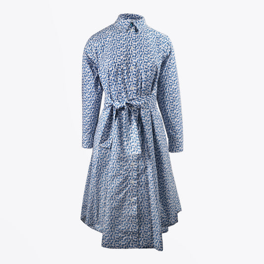 - Dog Print Belted Dress - Blue/White