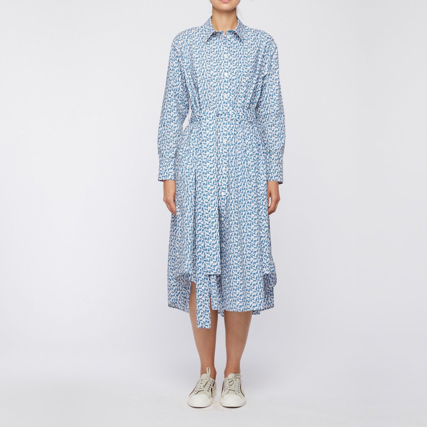 - Dog Print Belted Dress - Blue/White