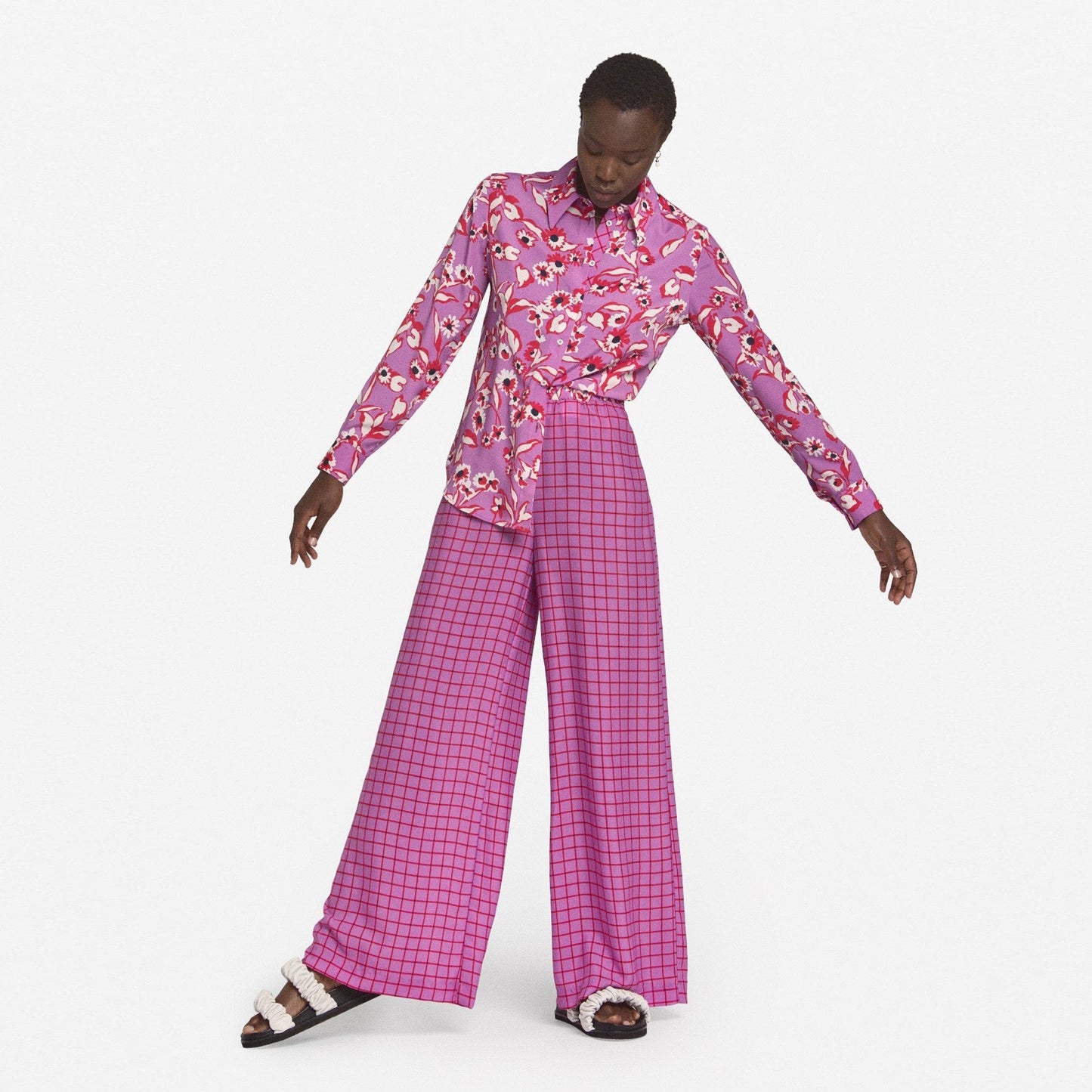 - Wide-Leg Check Trousers - Purple