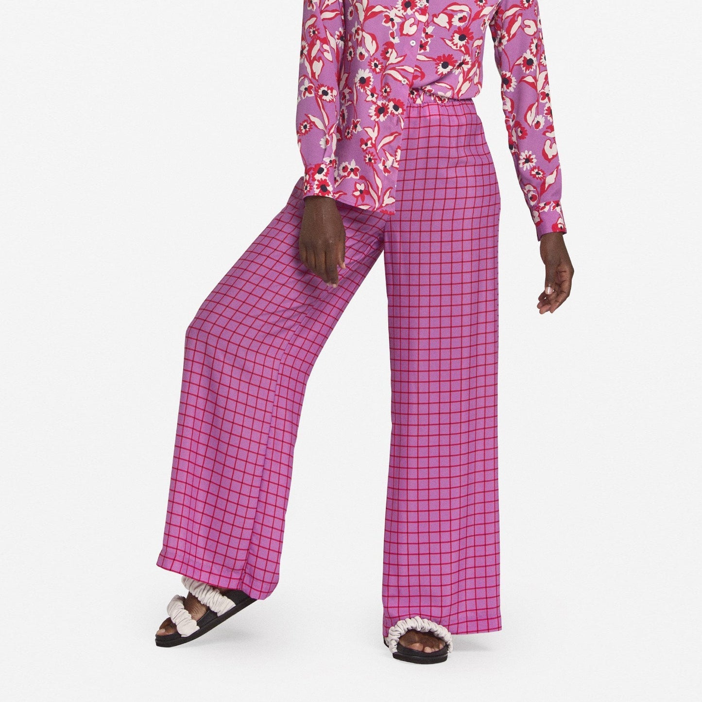 - Wide-Leg Check Trousers - Purple