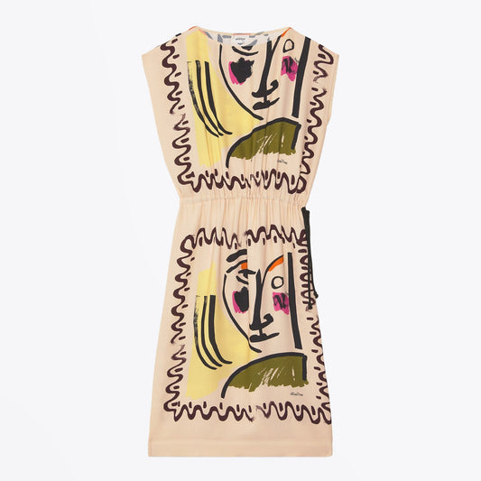 - Printed Drawcord Dress - Beige/Multi