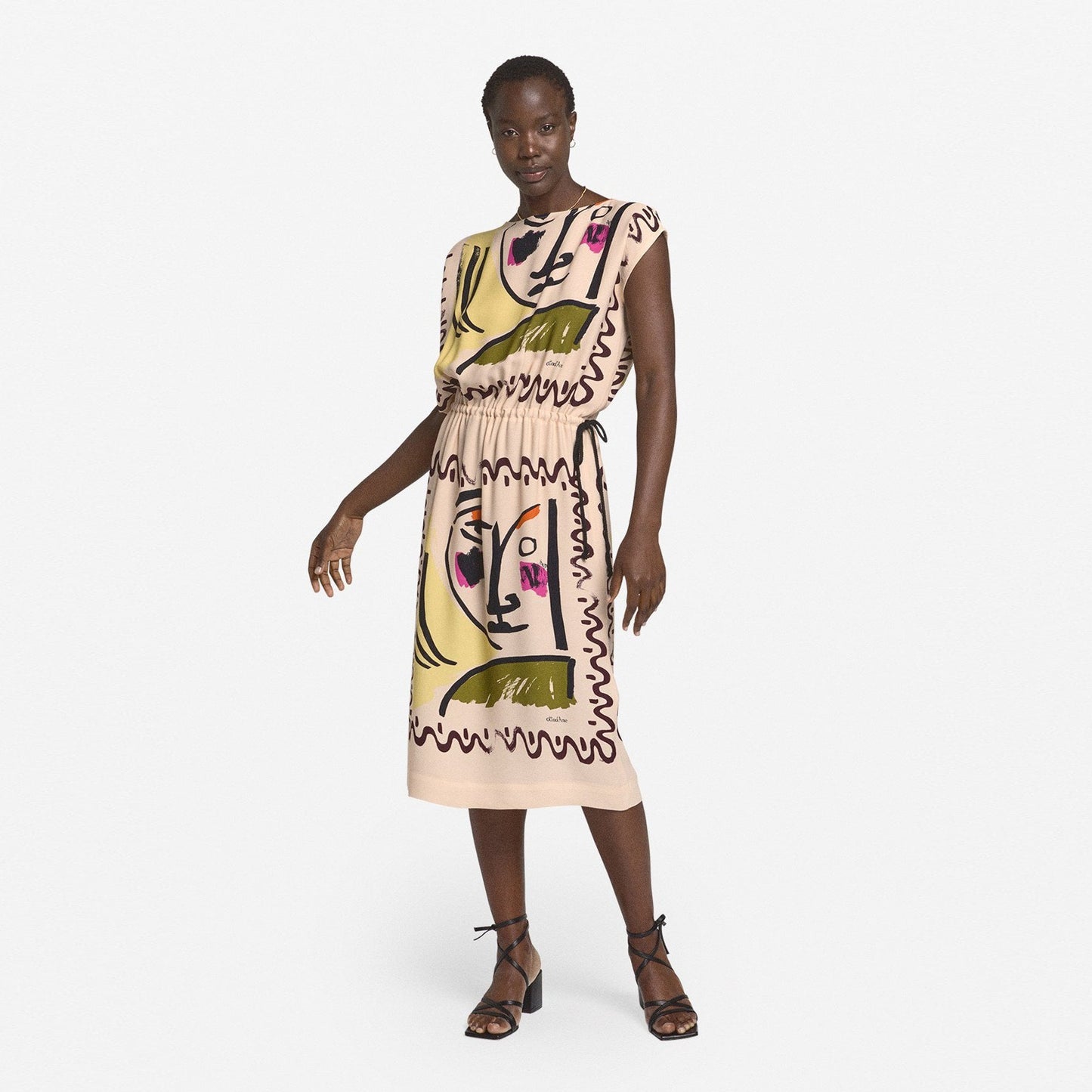 - Printed Drawcord Dress - Beige/Multi
