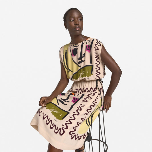 - Printed Drawcord Dress - Beige/Multi