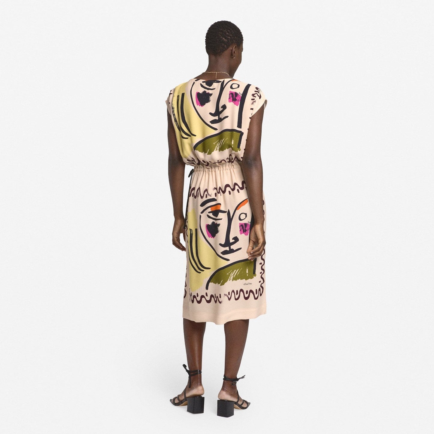 - Printed Drawcord Dress - Beige/Multi