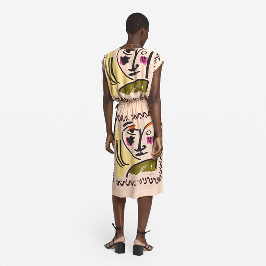 - Printed Drawcord Dress - Beige/Multi