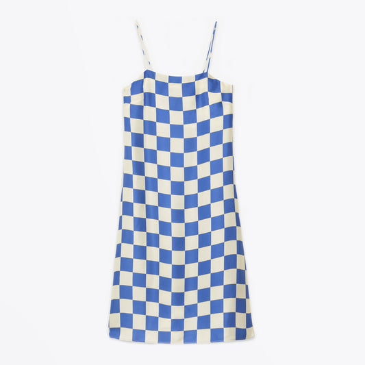 - Checked Silk Midi Dress - Blue