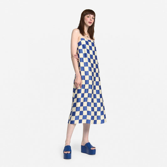 - Checked Silk Midi Dress - Blue